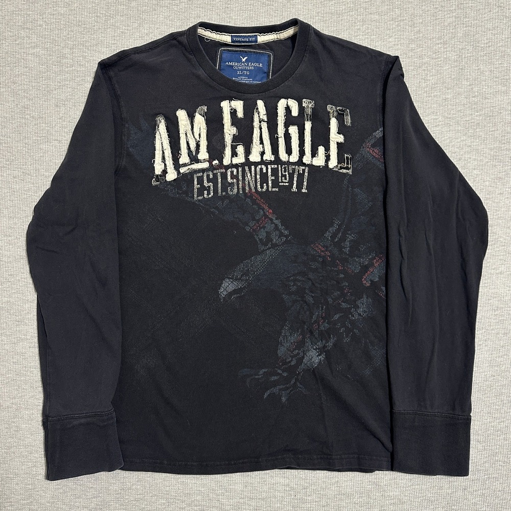 Y2K American Eagle Outfitters Vintage Fit Eagle Graphic Long Sleeve Tee Black XL